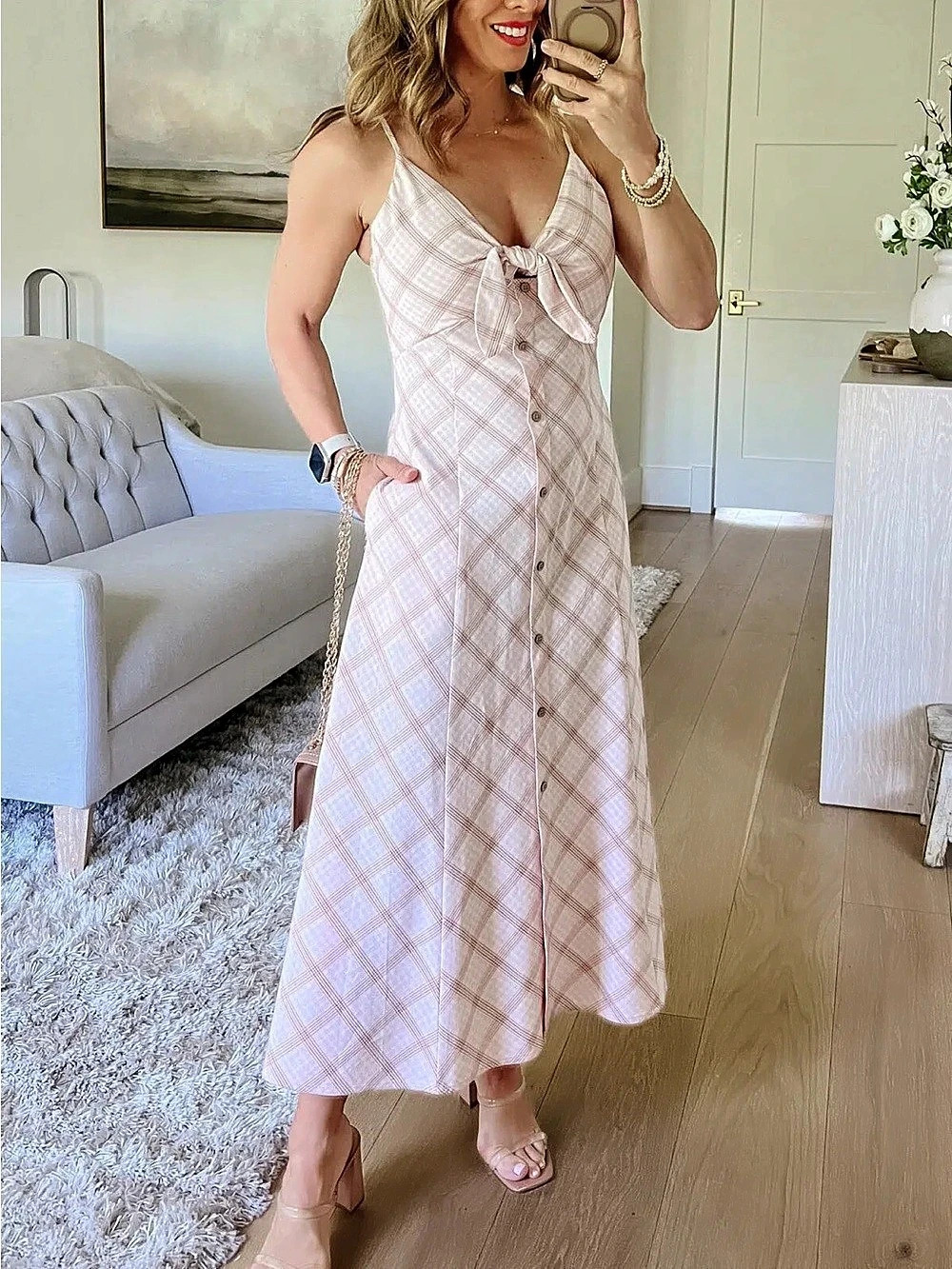 A New Day Tie-Front Midi Cami Dress in Pink & tan